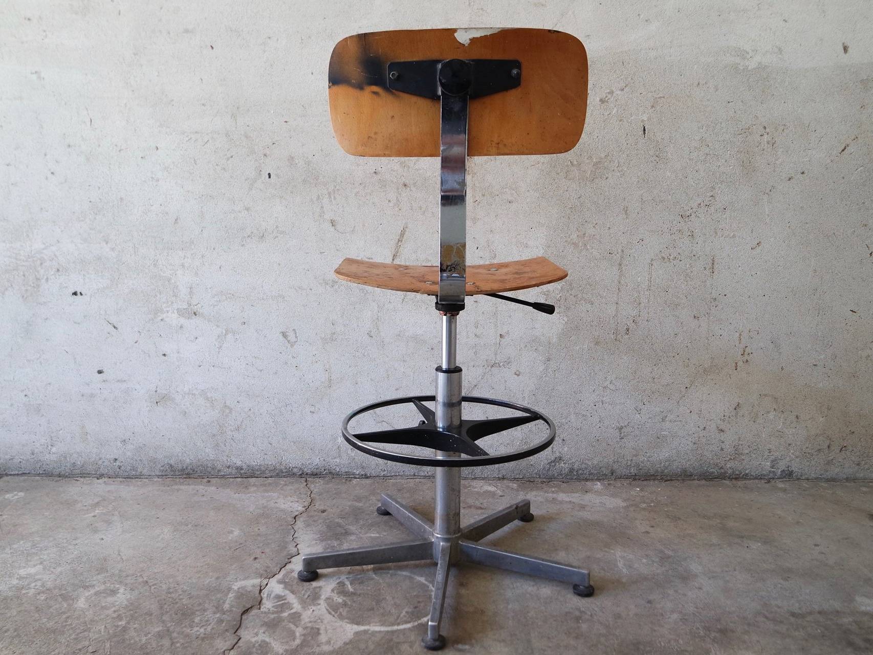 Swivel Industrial Stool with Backrest and Footrest 1950