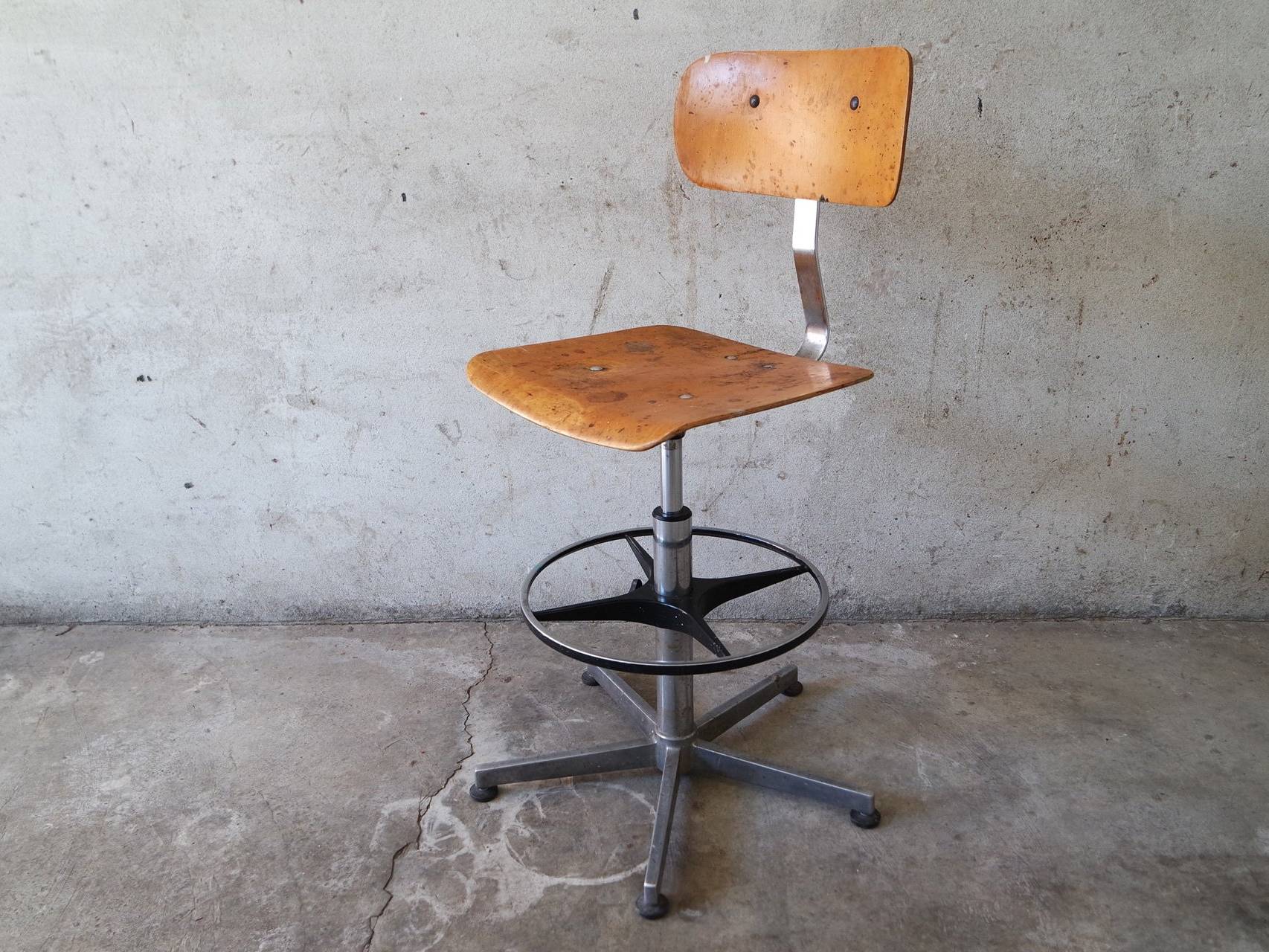 Swivel Industrial Stool with Backrest and Footrest 1950